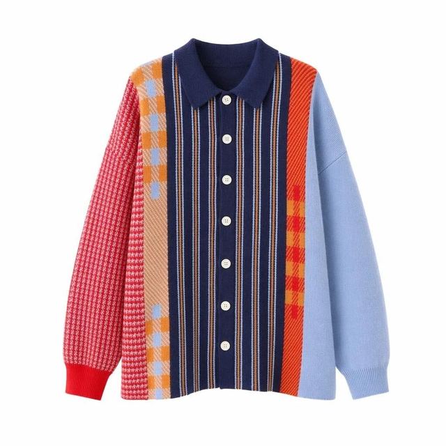 JIANCHI Multicolor Patchwork Collar Button Front Loose Fit Knit Cardigan Women Fashion Loose Fit Private Label Custom Color Small MOQ LK25005