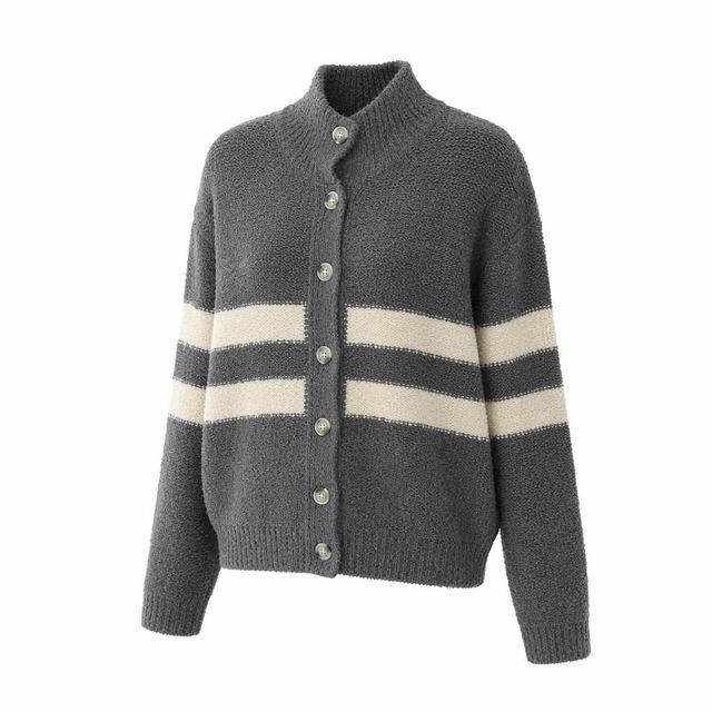 JIANCHI Grey Contrast Stripe Stand Collar Button Front Chunky Knit Cardigan Ladies New Design Knitwear Custom Size Logo Service Direct LK25006