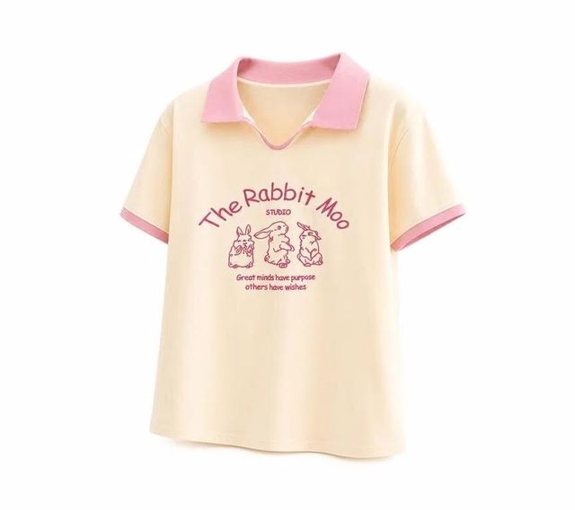 JIANCHI Apricot Contrast Collar Rabbit Print Short Sleeve Knit T-Shirt Women Fashion Loose Fit Private Label Custom Color Small MOQ LK25011