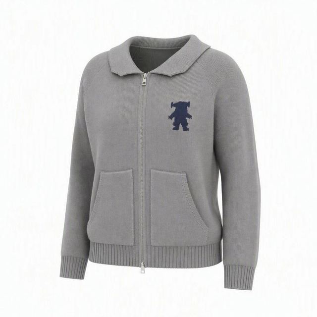 JIANCHI Grey Collar Zip Up Cartoon Bear Intarsia Patch Pocket Knit Cardigan Women Fashion Loose Fit Private Label Custom Color Small LK25014