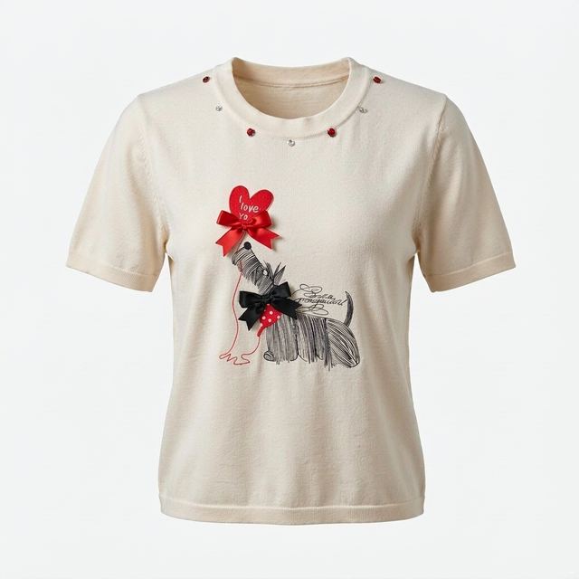 JIANCHI White Puppy Intarsia Bow Beaded Trim Short Sleeve Knit Top for Women Winter Warm Casual Wear Custom Logo OEM ODM Manufacturer LK25016